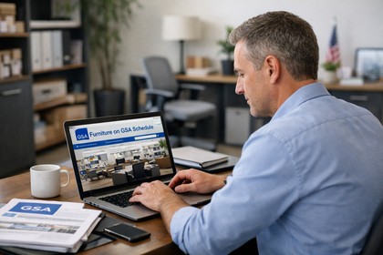 Procurement professional reviewing furniture options and contract information at a desk